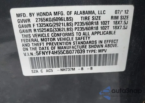 2012 Honda Pilot Ex-L z USA, uszkodzony, nr VIN 5FNYF4H55CB077039